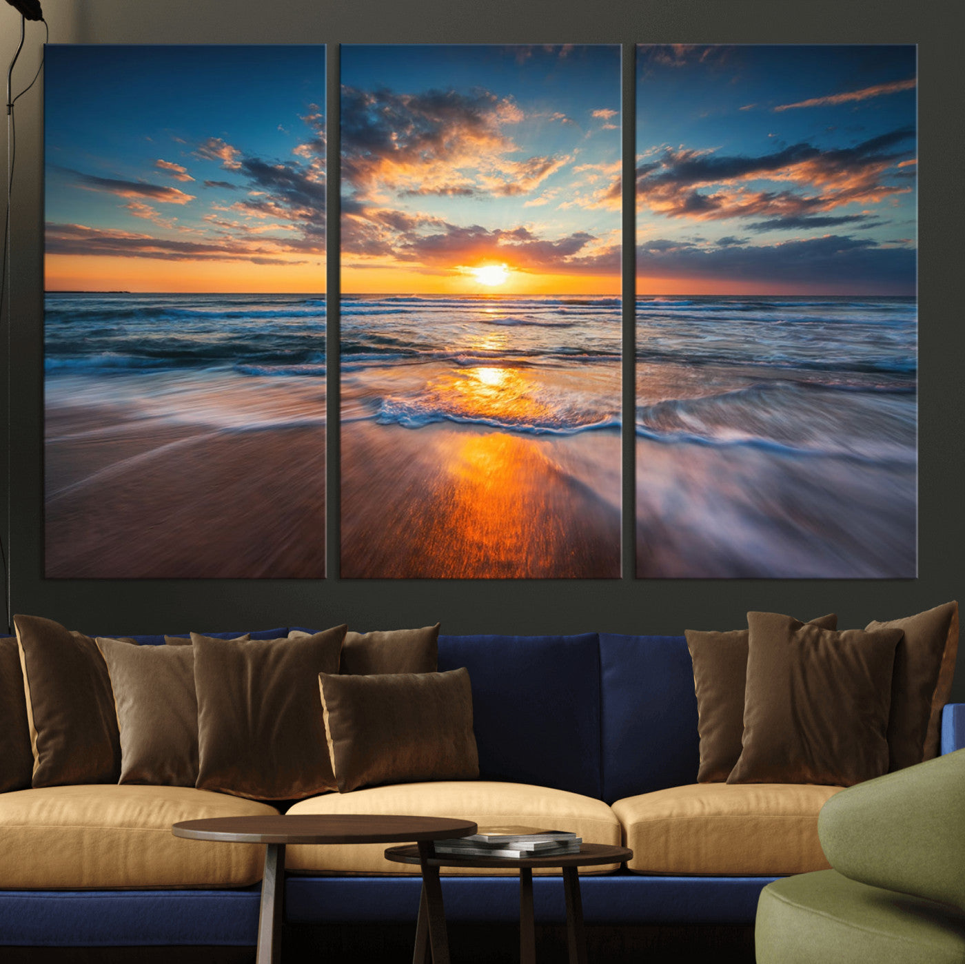 72719-MGV-CV-36X24-Sunset on the Ocean Beach with Waves, Reflections on Sand, Coastal Wall Art Print, Beach Wall Art,