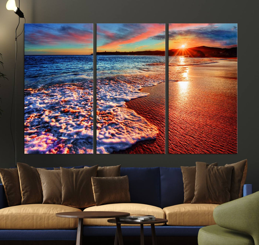 The Colorful Coastal Sunset on the Beach canvas print portrays ocean waves at dusk.