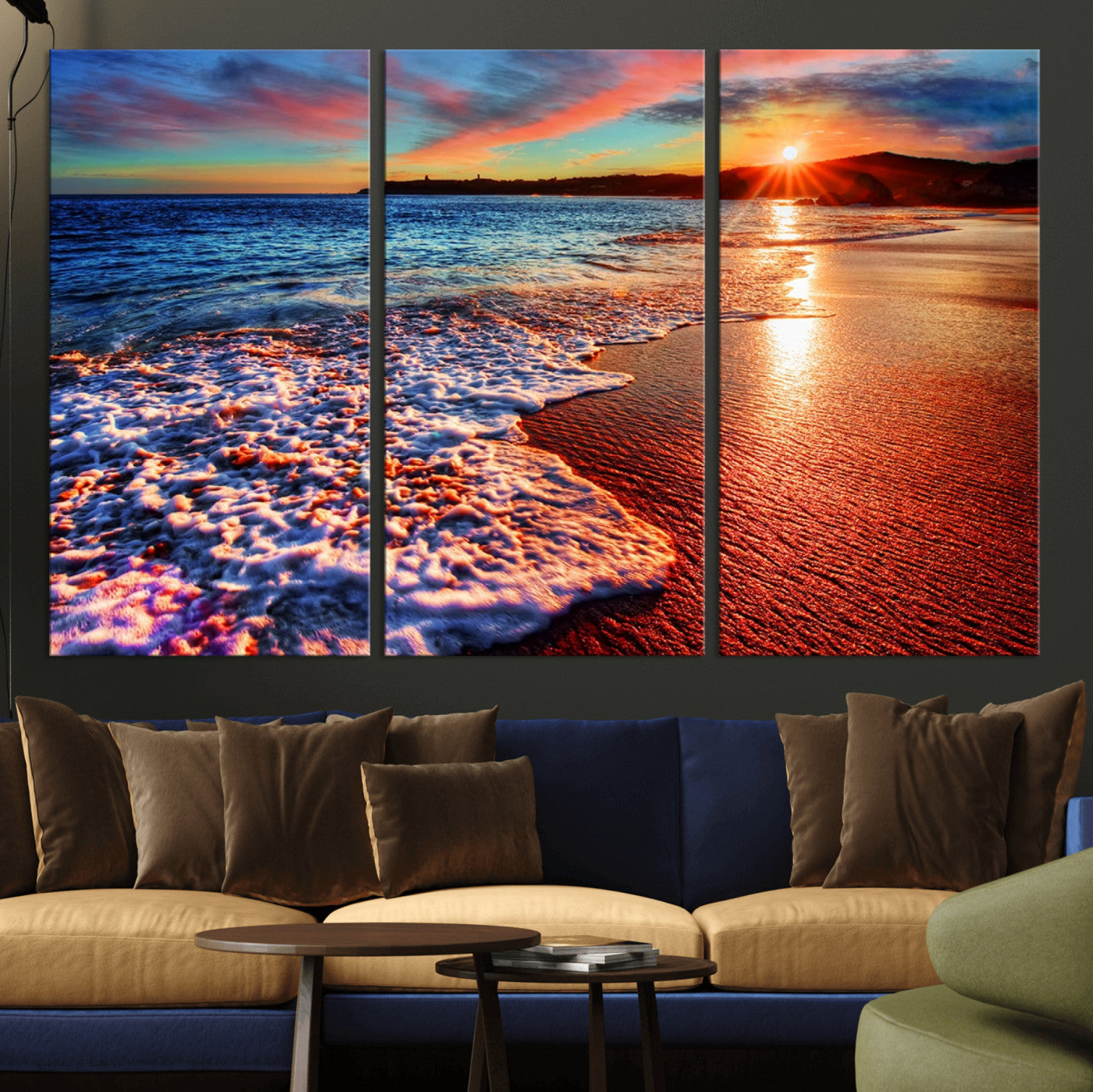MGV-CV-48X32-3P - Colorful Coastal Sunset on the Beach Canvas Print, Ocean Waves Crashing at Dusk, Multi-Panel Seascape Vibrant Coastal Wall Art Canvas Print