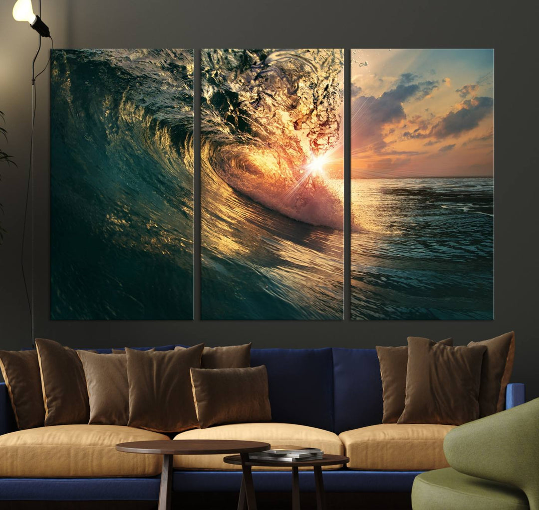 A triptych seascape titled Ocean Wave Sunset Canvas, featuring a stunning ocean view at sunset, is beautifully framed and ready to hang.