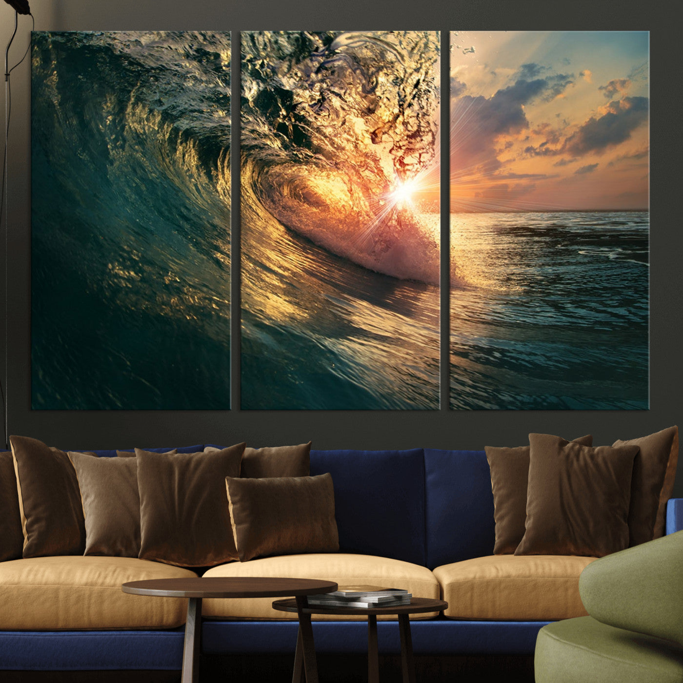 MGV-CV-48X32-3P - Ocean Wave Sunset Canvas Wall Art – Triptych Seascape Print – Framed and Ready to Hang for Living Room or Office