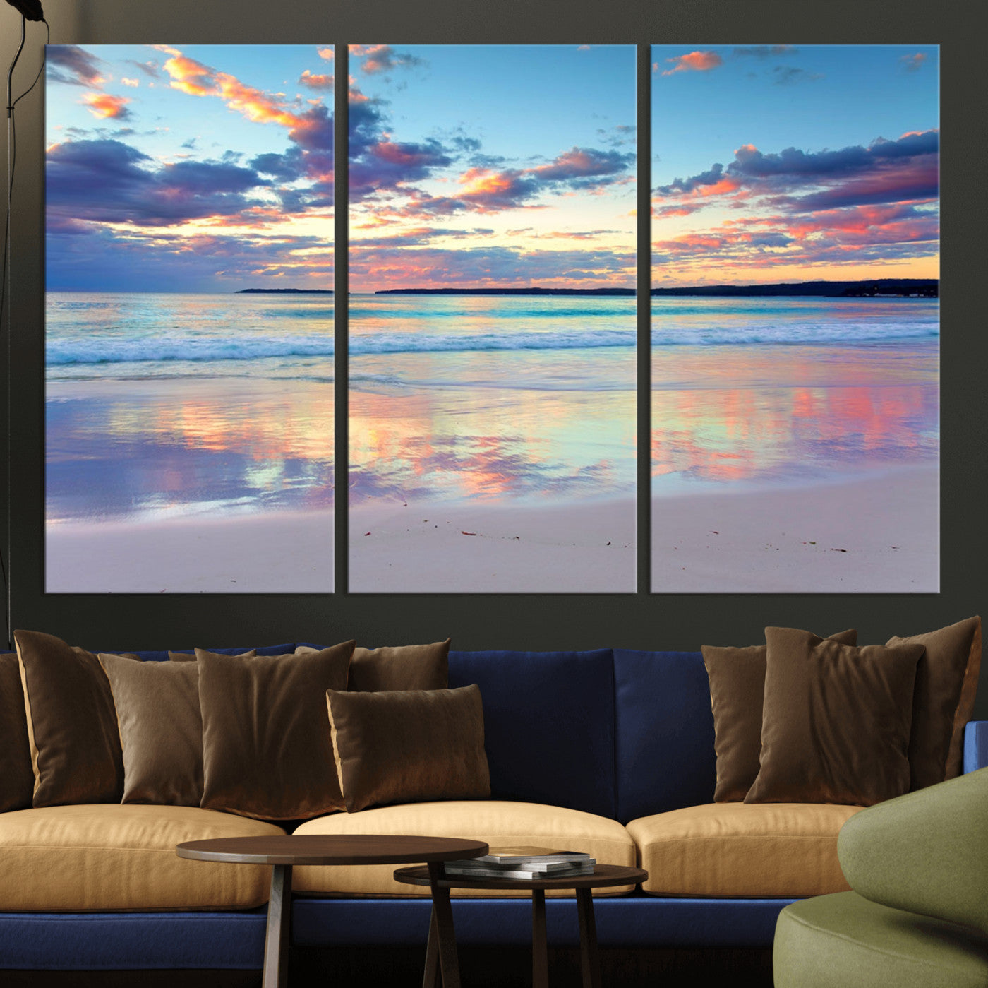MGV-CV-48X32-3P - Tranquil Pastel Sunset Beach Triptych Canvas Art, Soothing Coastal Ocean Shoreline Giclee Print,