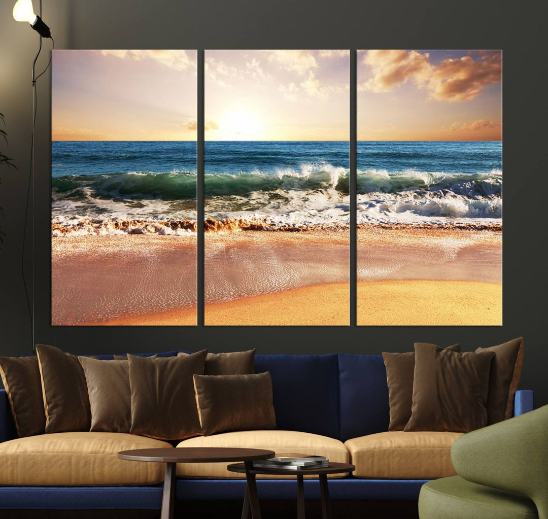 The wall features a Canon-quality Serene Beach Path canvas giclee print, depicting coastal dunes.