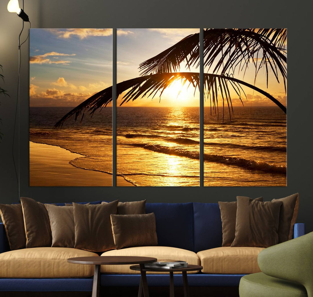 Golden Tropical Beach Sunset Canvas Triptych: Coastal Palm Art & Giclee Print with Gallery Wrap, capturing golden waves.