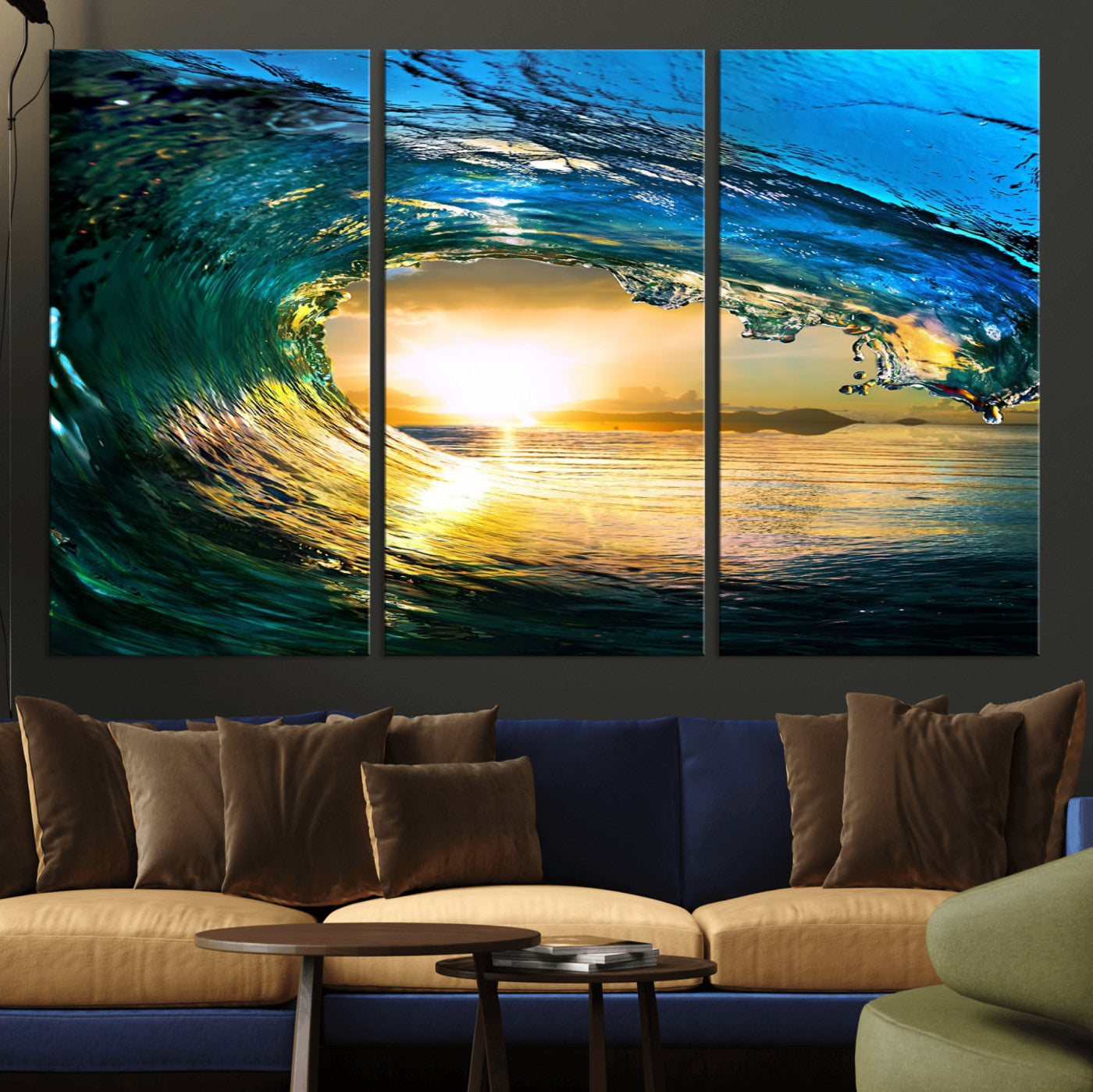 MGV-CV-48X32-3P - Ocean Wave at Sunset Canvas Art, Large Wall Print of Vibrant Water Waves, Coastal Art for Living Room and Dining Room