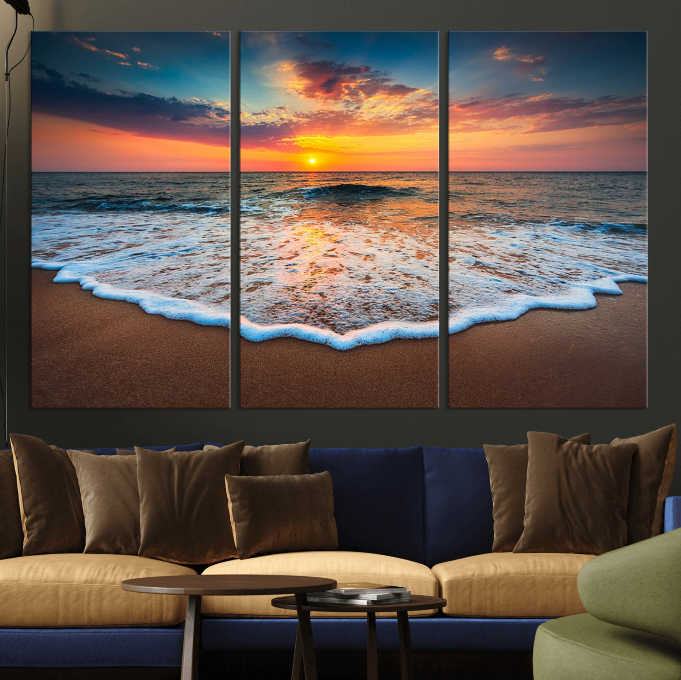 MGV-CV-48X32-3P - Sunset Beach Canvas Wall Art – Colorful Ocean Waves Triptych – Coastal Decor for Living Room or
