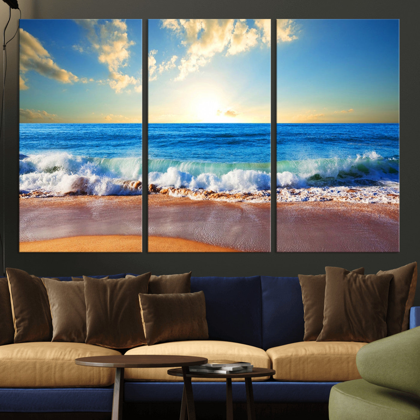 MGV-CV-48X32-3P - Tropical Beach Sunset Canvas Art, Ocean Waves and Sandy Shoreline Wall Art, Large Beach Decor for Coastal Homes