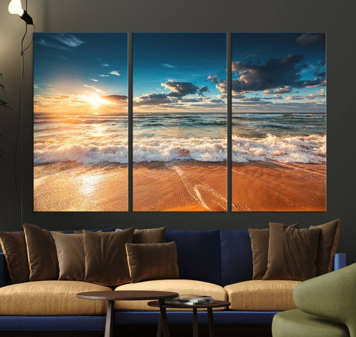 A Golden Sunset Beach Triptych Canvas Art hangs on a white wall.