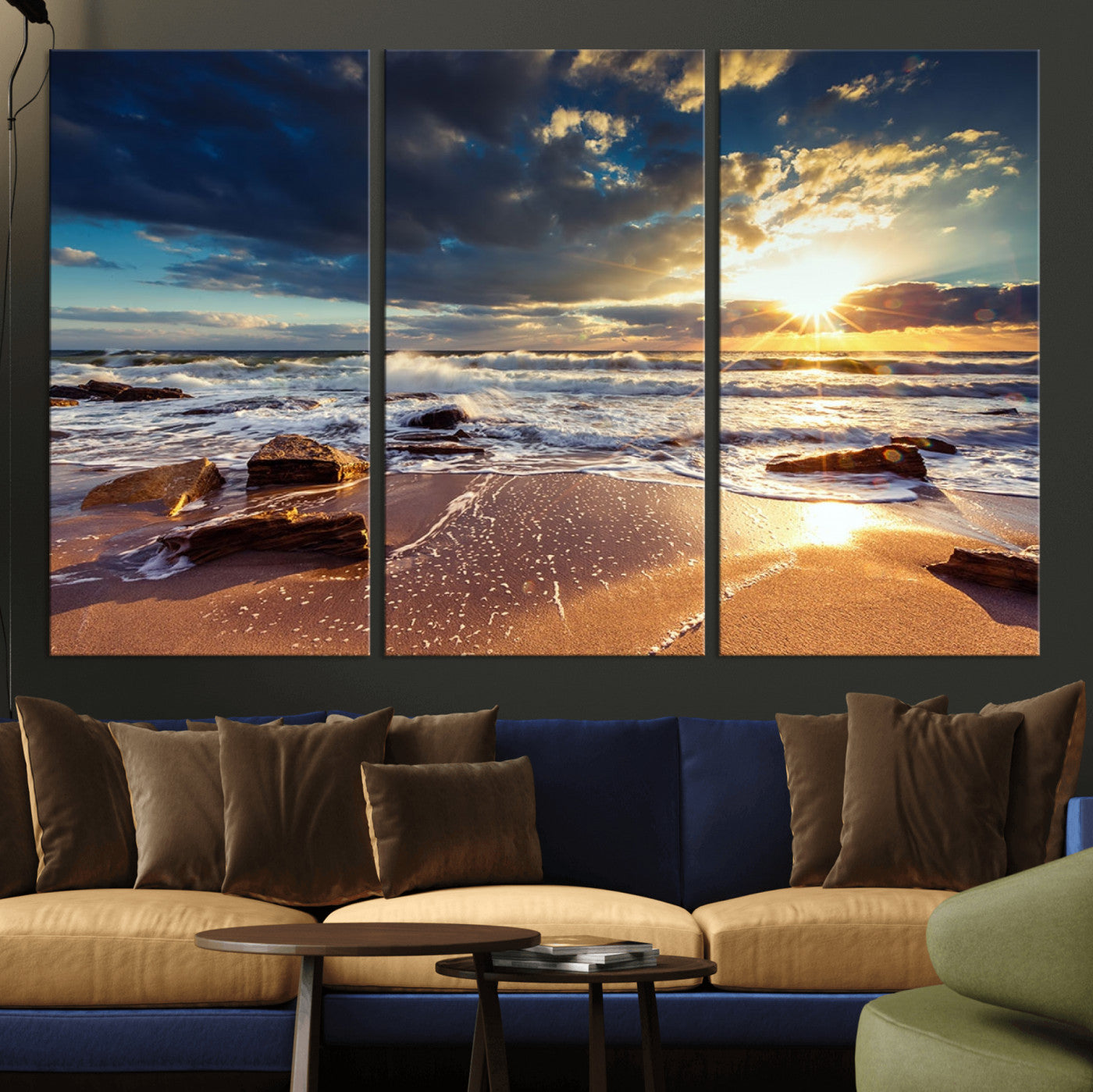 MGV-CV-48X32-3P - Golden Hour Beach Sunset Canvas Triptych, Ocean Waves and Rocks Wall Art for Coastal Home Decor