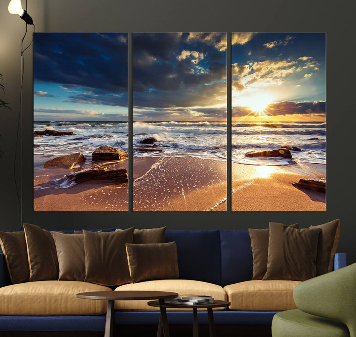 The Golden Hour Beach Sunset triptych adorns the wall with its captivating imagery.