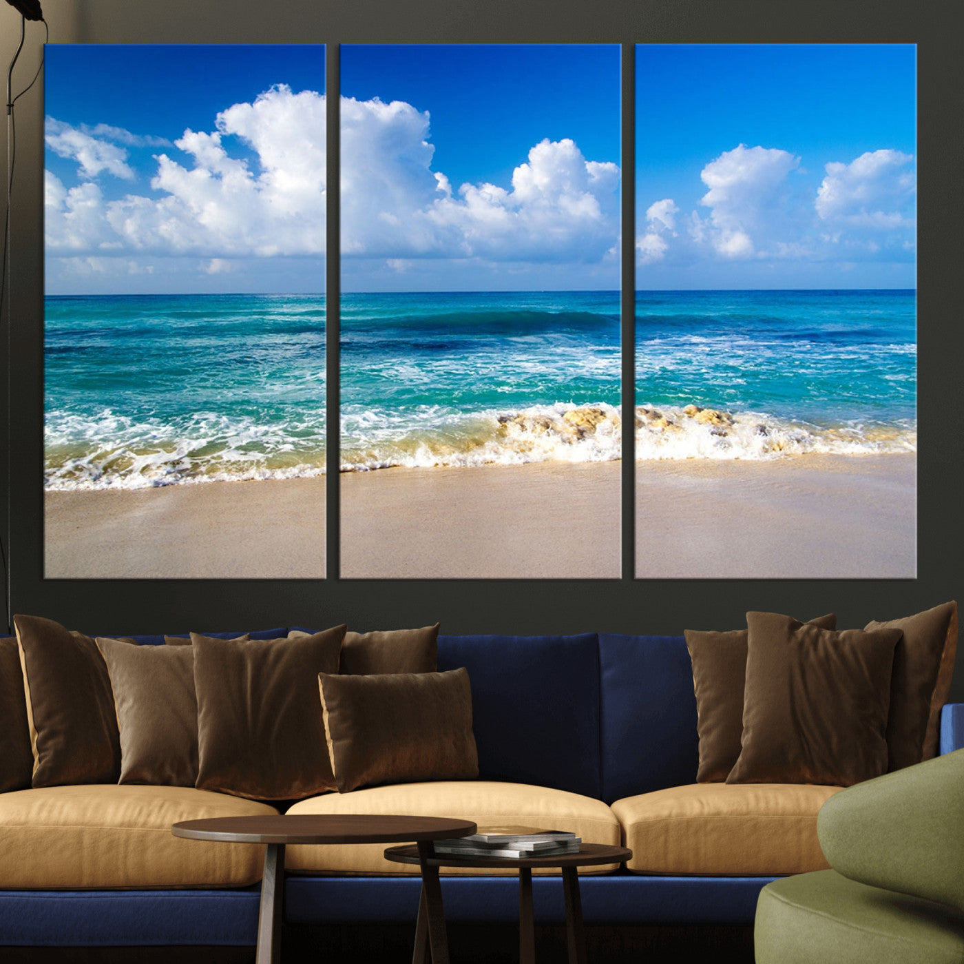 MGV-CV-48X32-3P - Tropical Beach 3-Panel Canvas Wall Art – Serene Ocean Waves and Blue Sky Wall Art Print