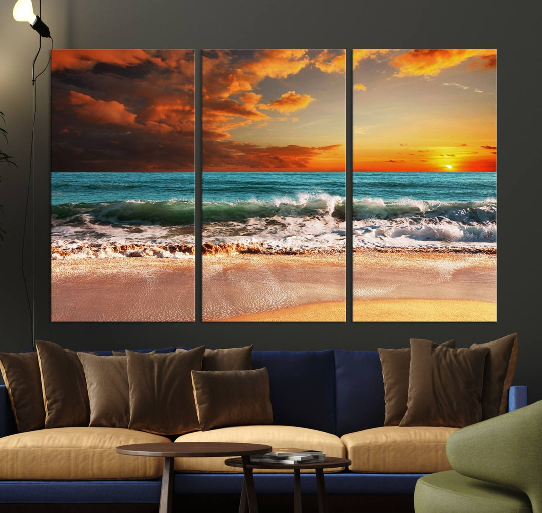 A Golden Sunset Beach triptych seascape canvas hangs on the wall.