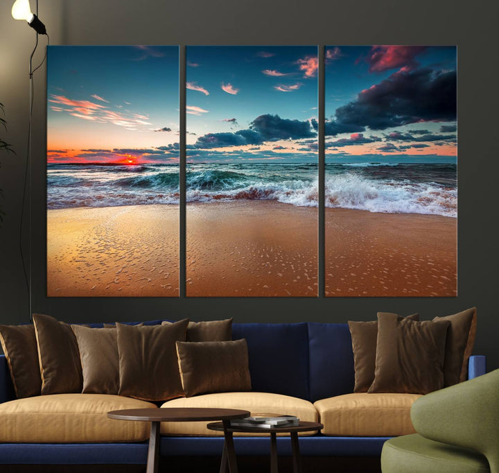 Sunset on Beach Wall Art: Waves under a vibrant sky. Crafted on museum-quality canvas, ready to hang and admire.