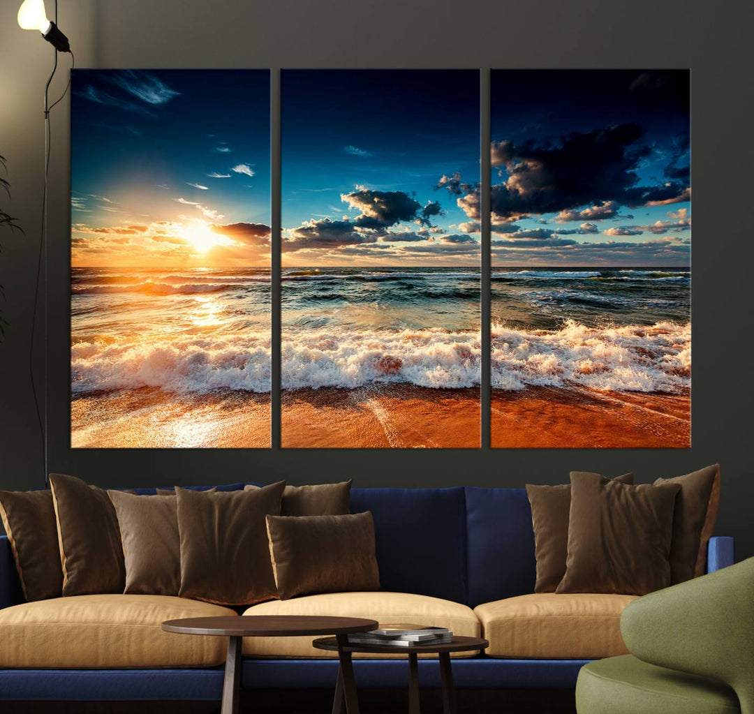 Golden Hour Sunset Over Ocean Waves Canvas: 3-Panel Coastal Landscape Art with Stunning Beach Photography Print.