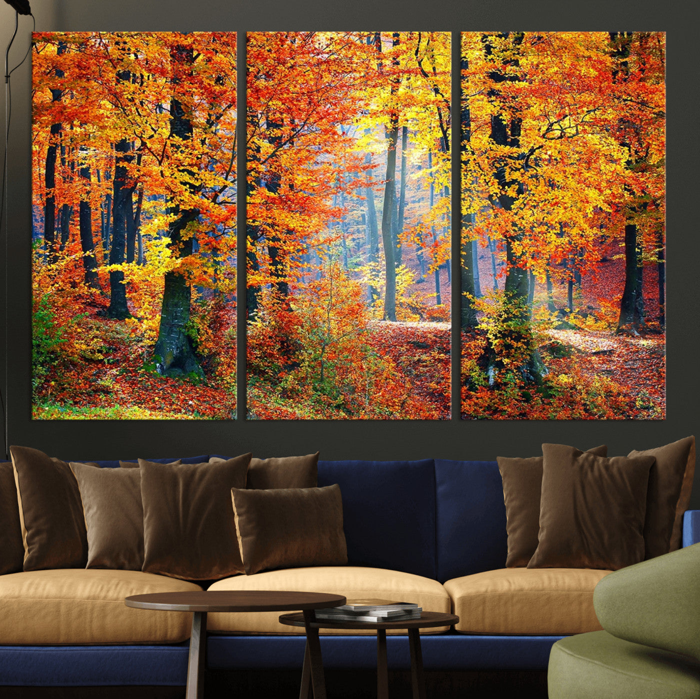 91746-MGV-CV-36X24-Autumn Red Forest Triptych Canvas Wall Art Print, Forest Wall Decor, Fall Landscape Art | Season