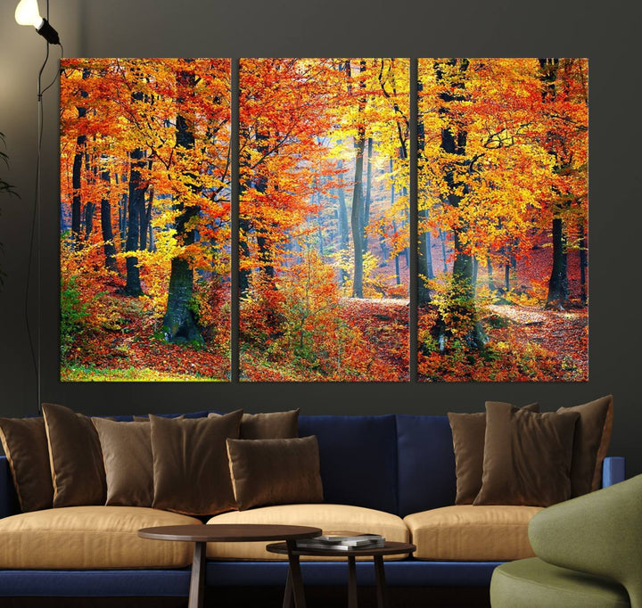 The room features an Autumn Red Forest Triptych Canvas Wall Art.