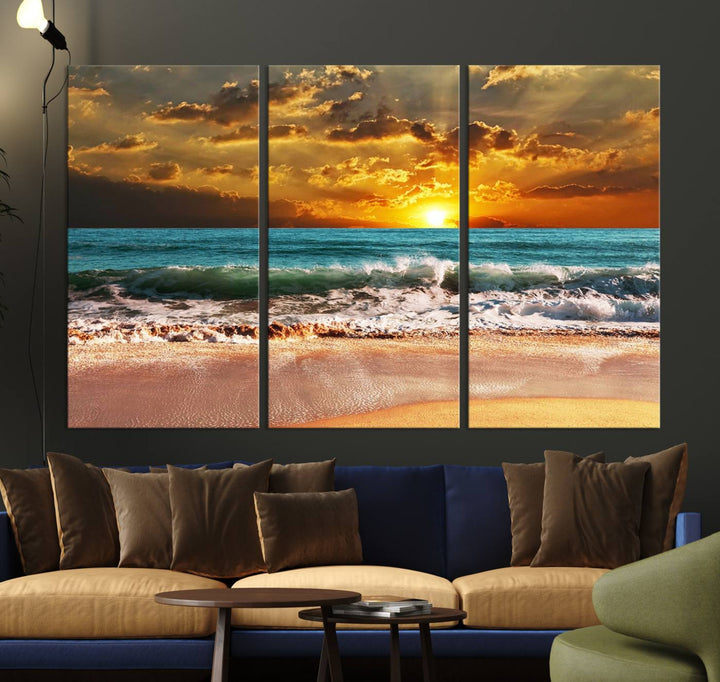 Golden Sunset Beach Canvas Triptych adorns the cozy room, creating a stunning focal point.