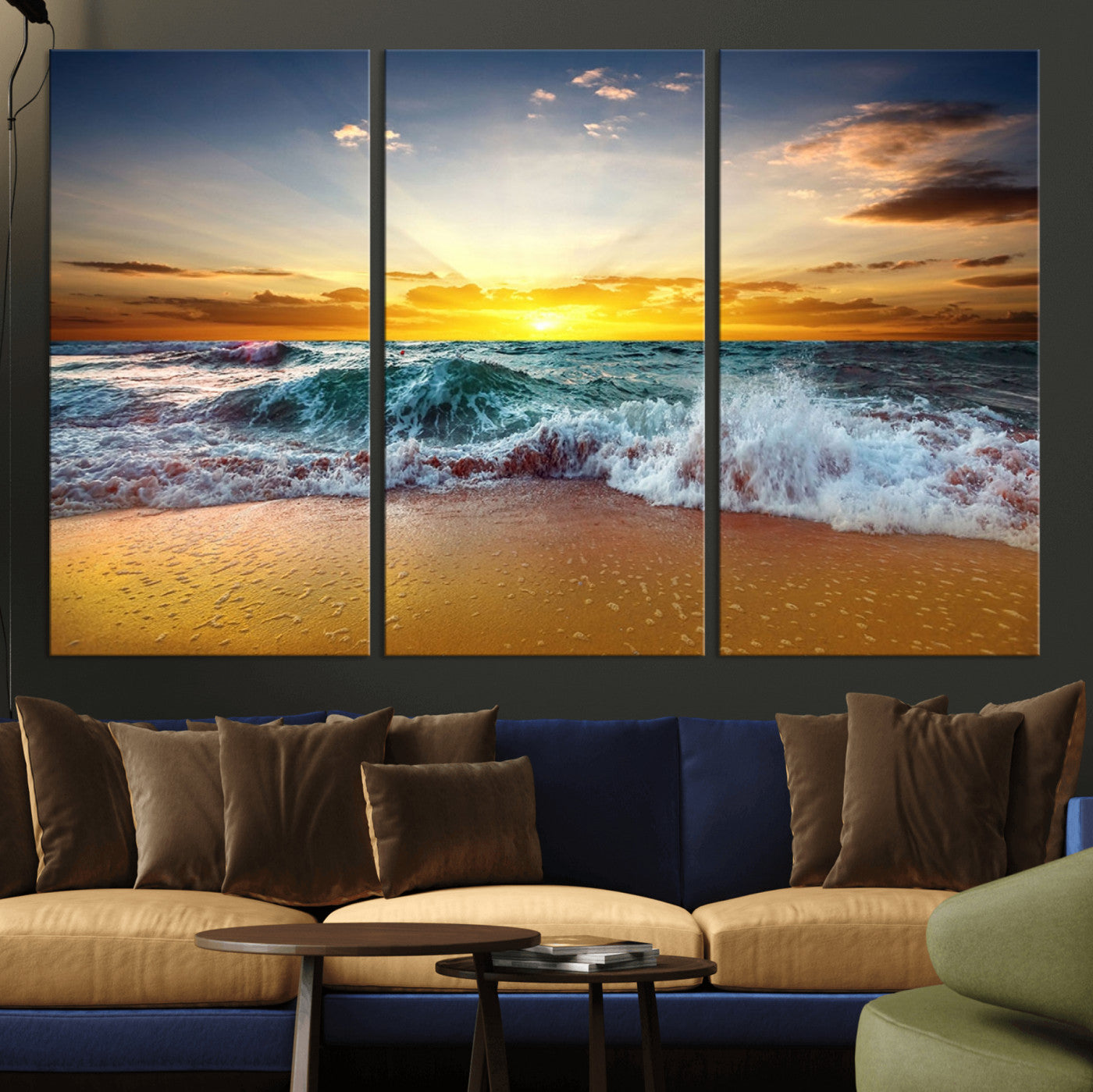 MGV-CV-48X32-3P - Golden Sunset Ocean Waves Wall Art Canvas Print – Multi Panel Beach Canvas Print Set – Large Coastal Triptych Print for Home or Farmhouse Decor