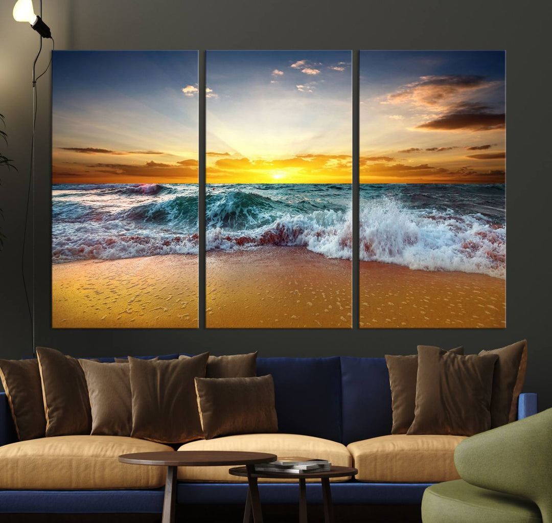 The kitchen features the Golden Sunset Ocean Waves multi-panel coastal wall art canvas.