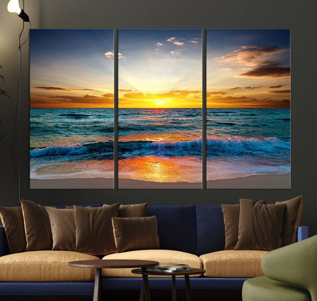 A kitchen dining area with coastal wall art.