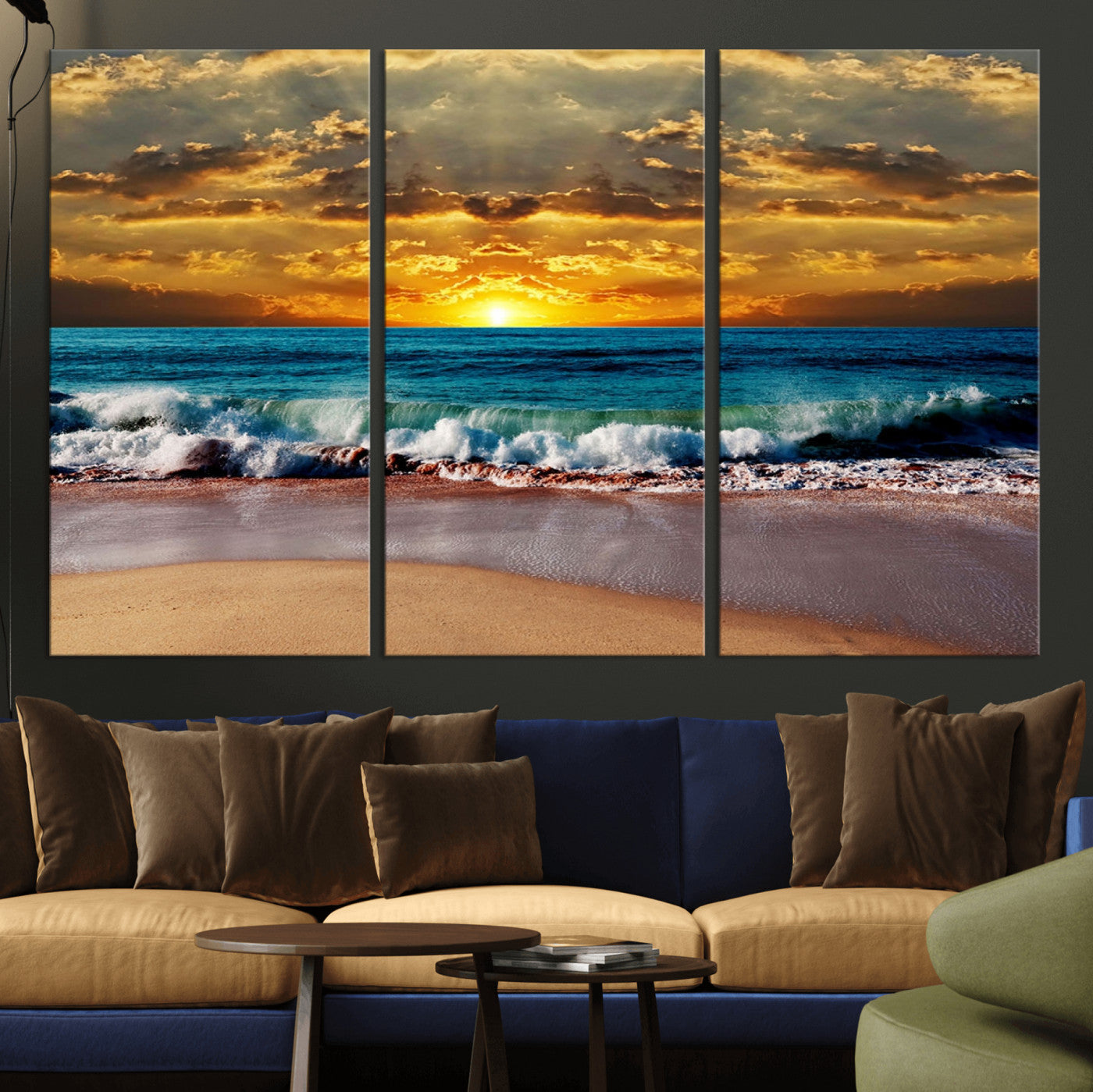 MGV-CV-48X32-3P - Ocean Sunrise Over Golden Beach Waves, Giclee Canvas Wall Art Set, High-Quality Stretched Canvas Print, Ready to Hang Coastal Sunset Wall Decor