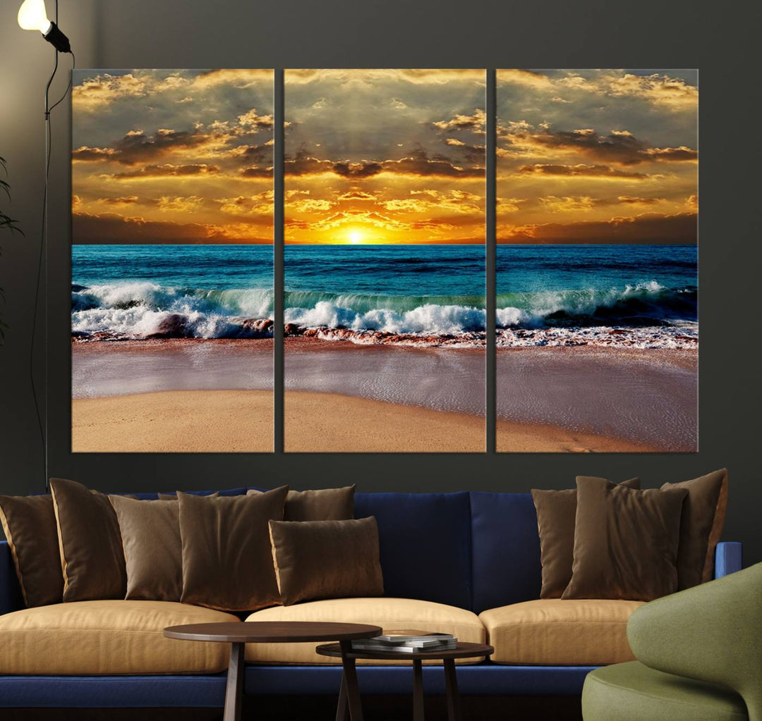 The Ocean Sunrise Over Golden Beach Waves wall art is prominently displayed, capturing the serene beauty of a beach at sunrise.