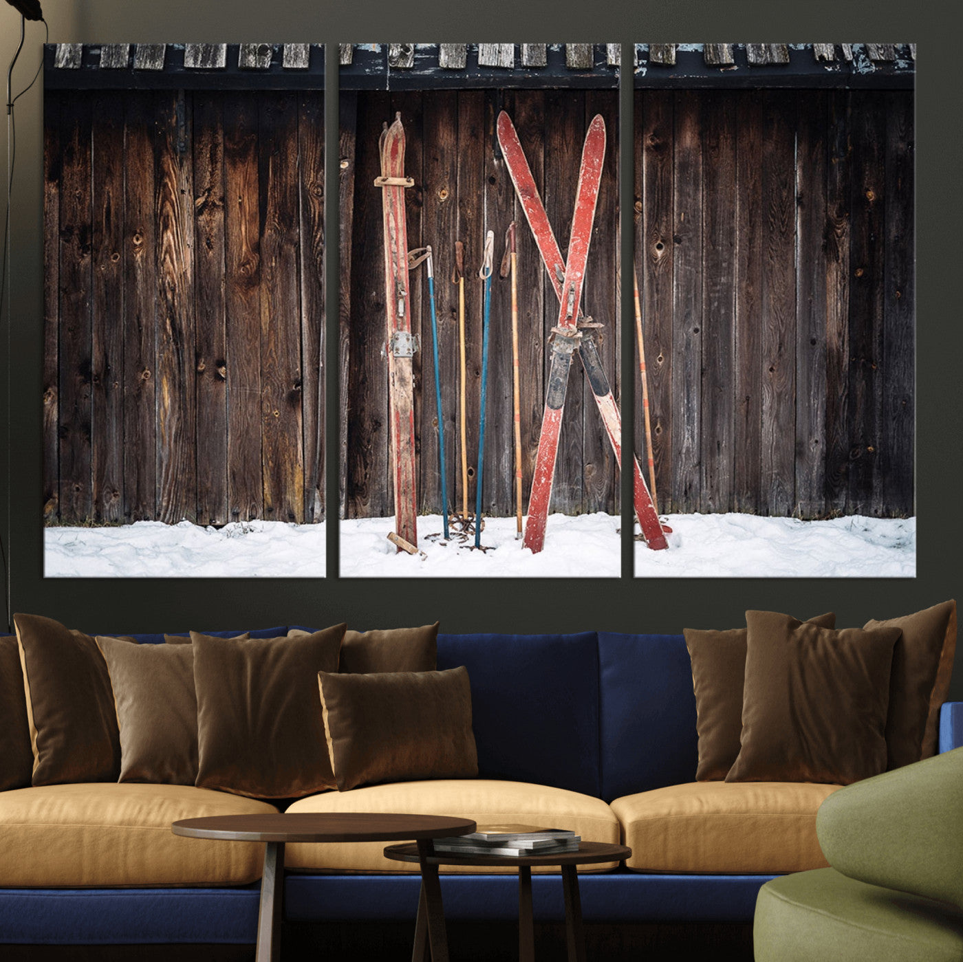 78590-MGV-CV-36X24-Vintage Ski Gear Canvas Print, Vintage Ski Gear Against Wooden Cabin Wall, Rustic Winter Sports