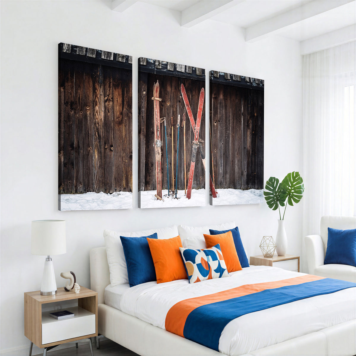 78590-MGV-CV-36X24 - Vintage Ski Gear Canvas Print, Vintage Ski Gear Against Wooden Cabin Wall