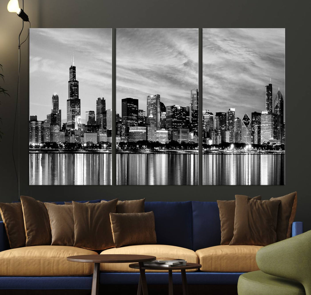 The Chicago City Cloudy Skyline Canvas Print hangs prominently.