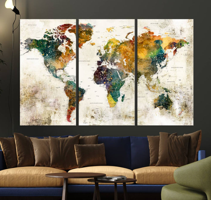 A 3-panel vintage world map canvas art is displayed.