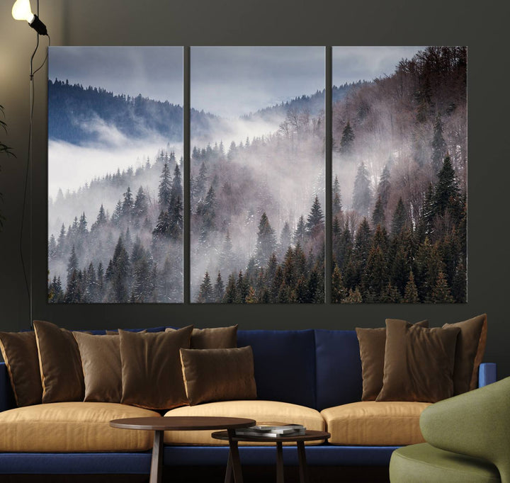 A museum-quality canvas of Beautiful Rising Fog in Winter Mountain Landscape hangs on the wall.