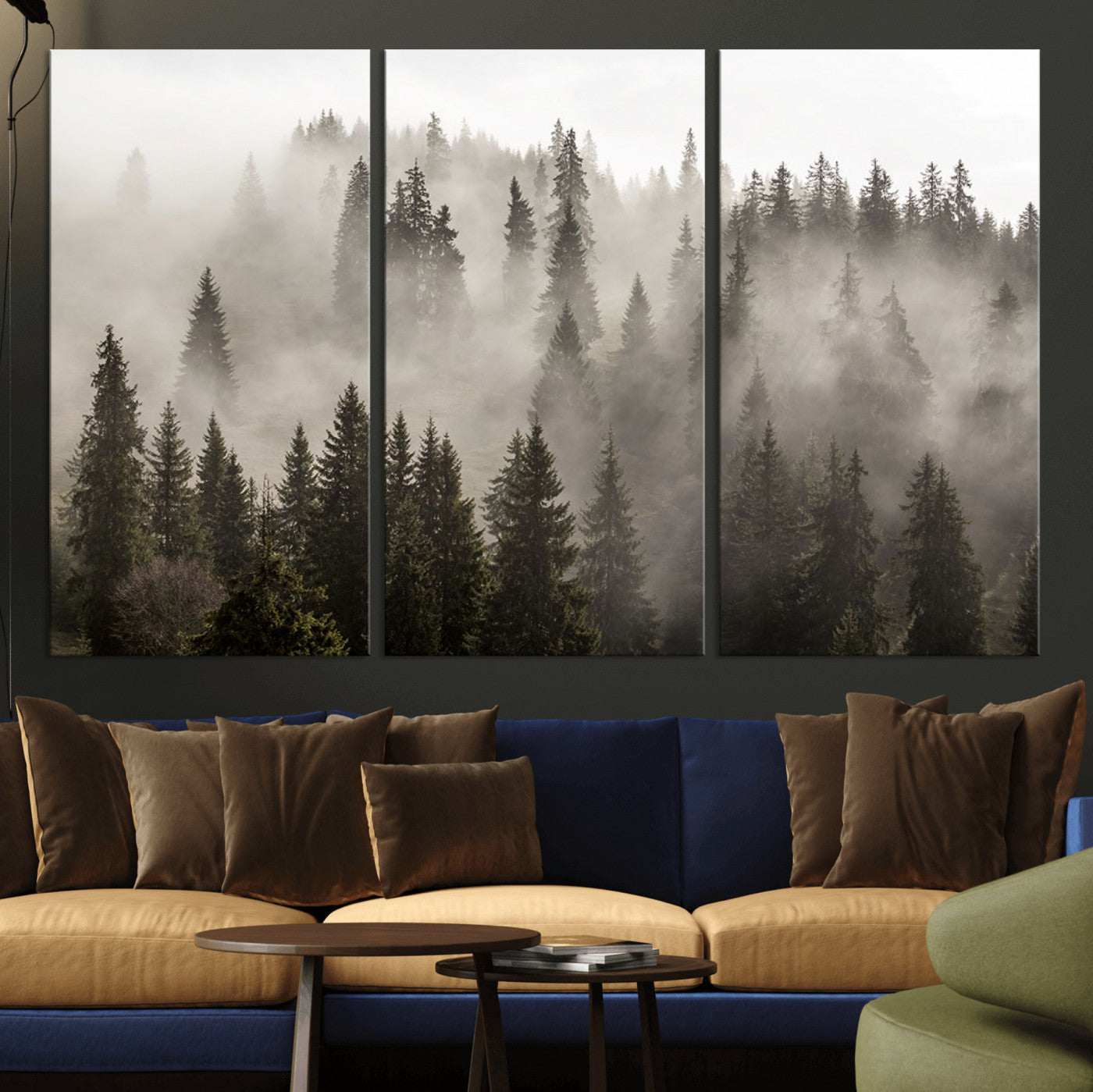 MGV-CV-48X32-3P - Foggy Mountain Wall Art | 3-Panel Foggy Forest and Mountain Landscape | Large Giclee Print for