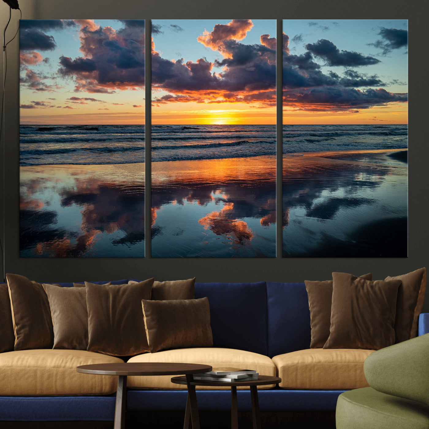 MGV-CV-48X32-3P - Beach Sunset Print - Stunning Ocean Canvas Artwork with Sunset Reflection Design for Elegant Home or
