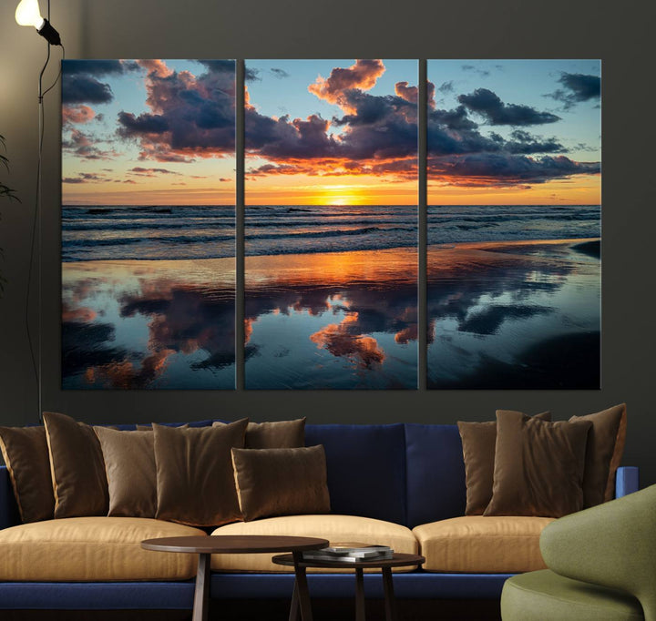 A Beach Sunset Print - Stunning Ocean Canvas Artwork adorns the wall.