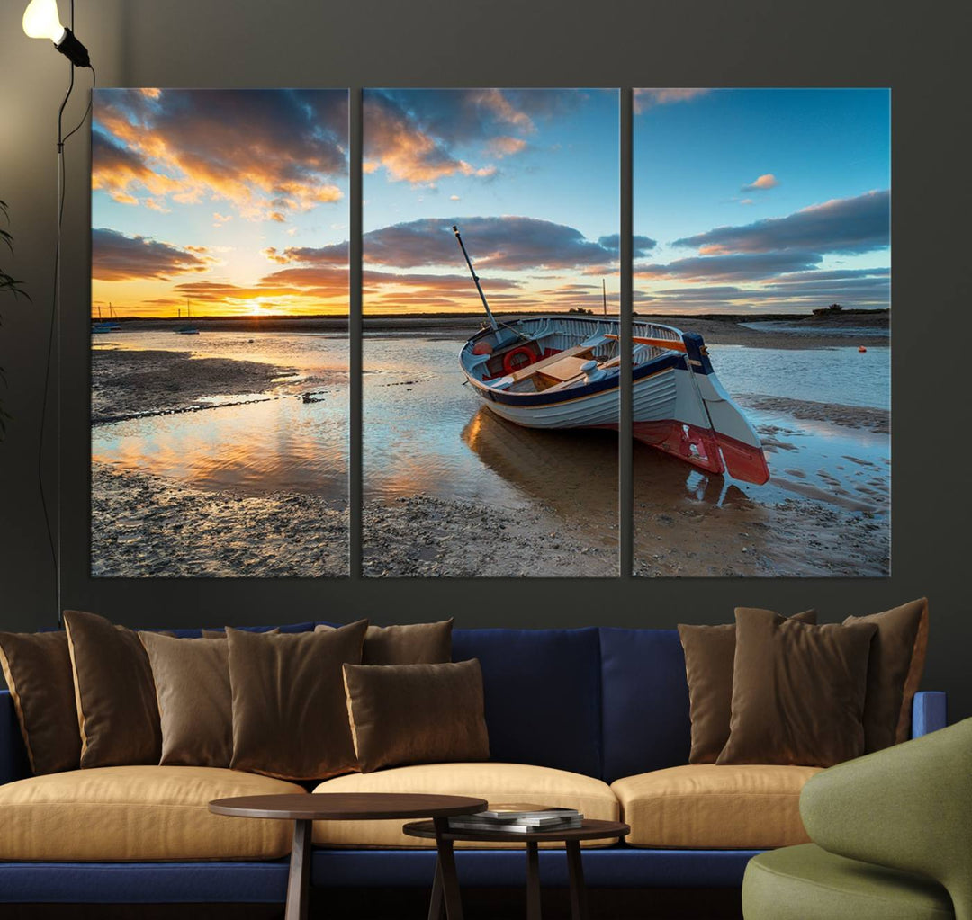 The Small Boat At The Beach Sunset wall art canvas print features UV coating, is museum-quality, and is ready to hang.