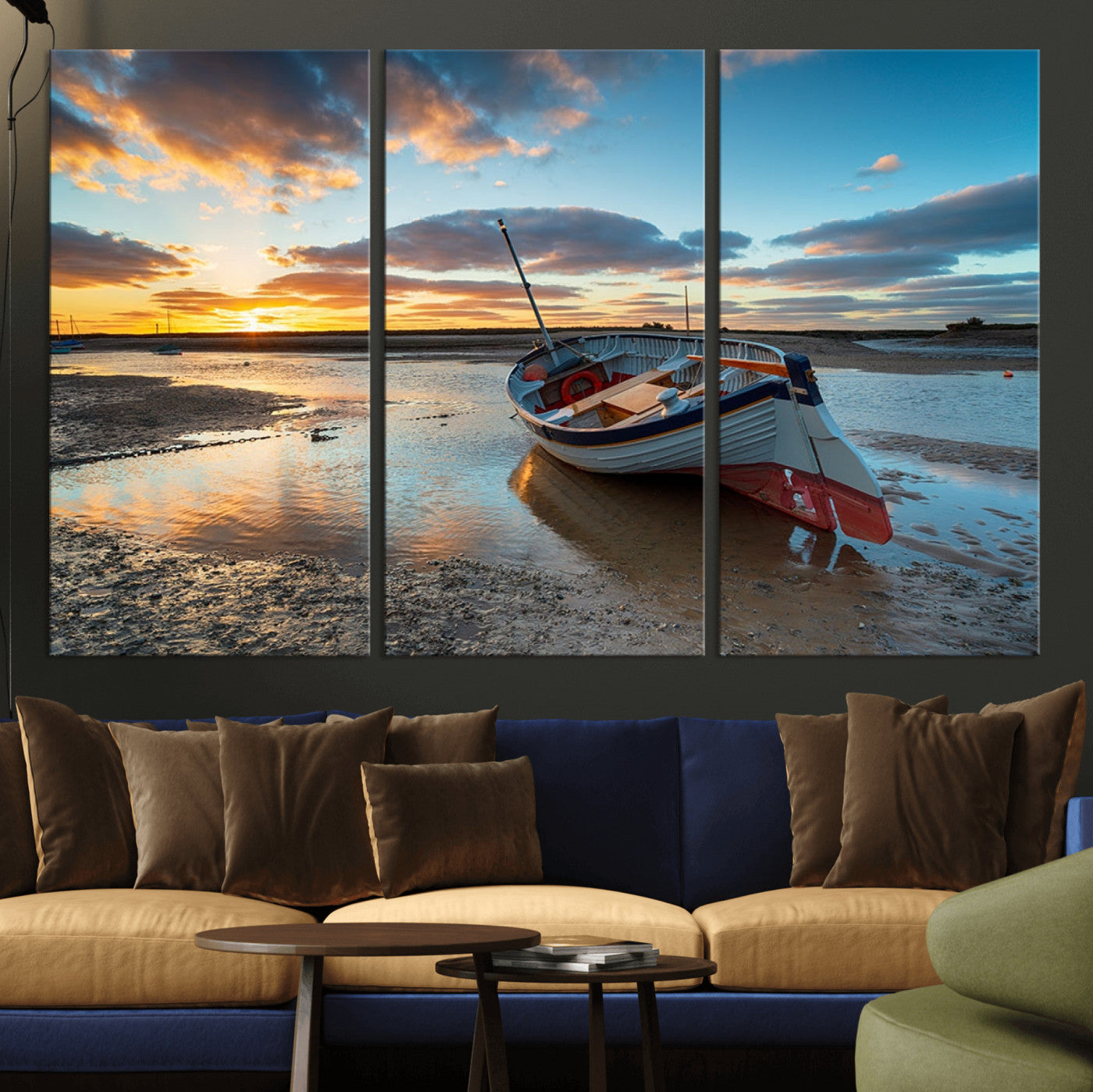 MGV-CV-48X32-3P - Small Boat At The Beach Sunset Wall Art, Boat Sunset Wall Art Canvas Print