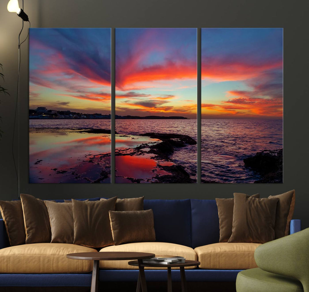 The Glorious Sunset on The Beach canvas print adorns the dining room.