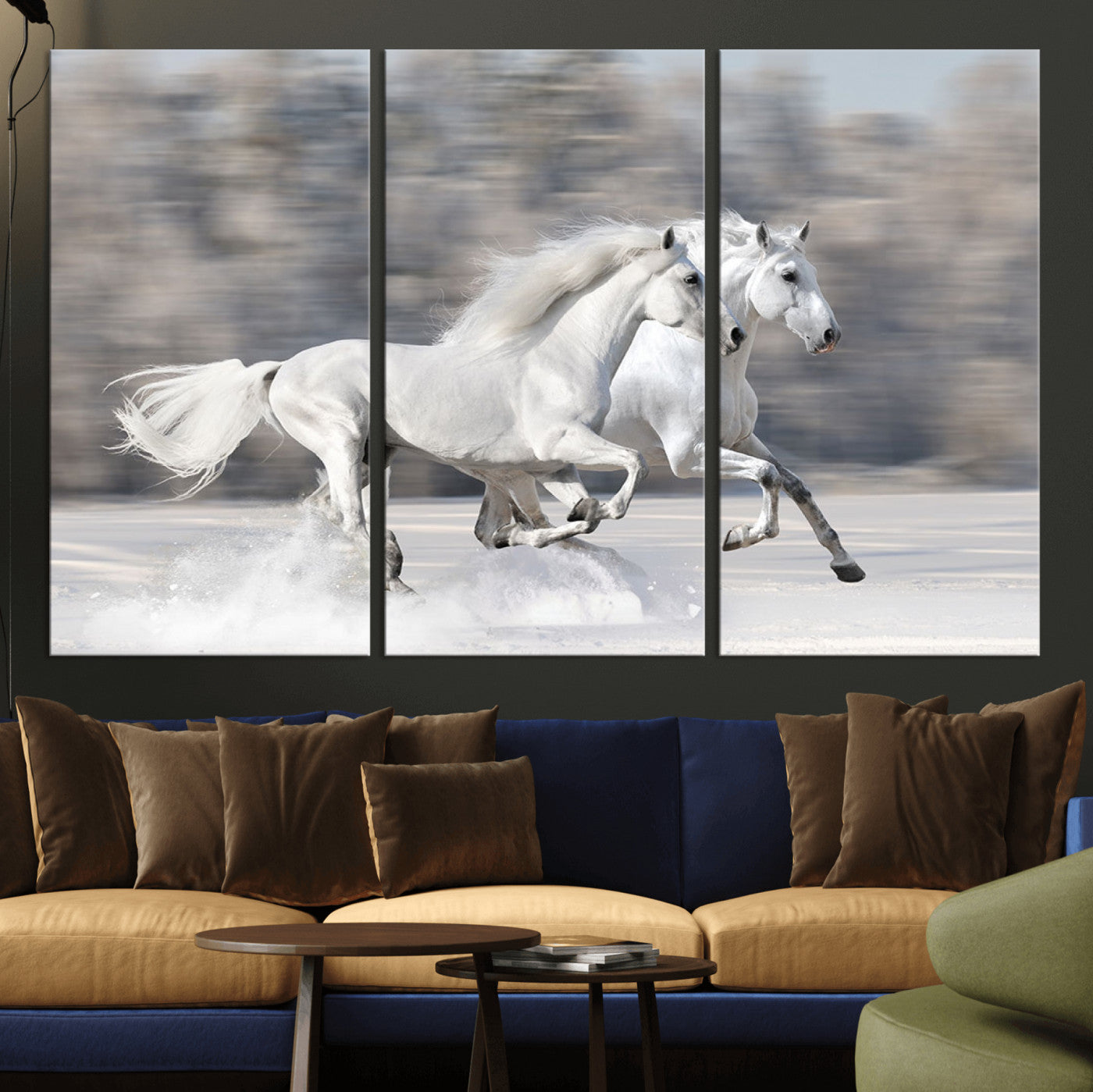MGV-CV-48X32-3P - The White Horses Wall Art, Framed White Horses Wall Art Canvas Print