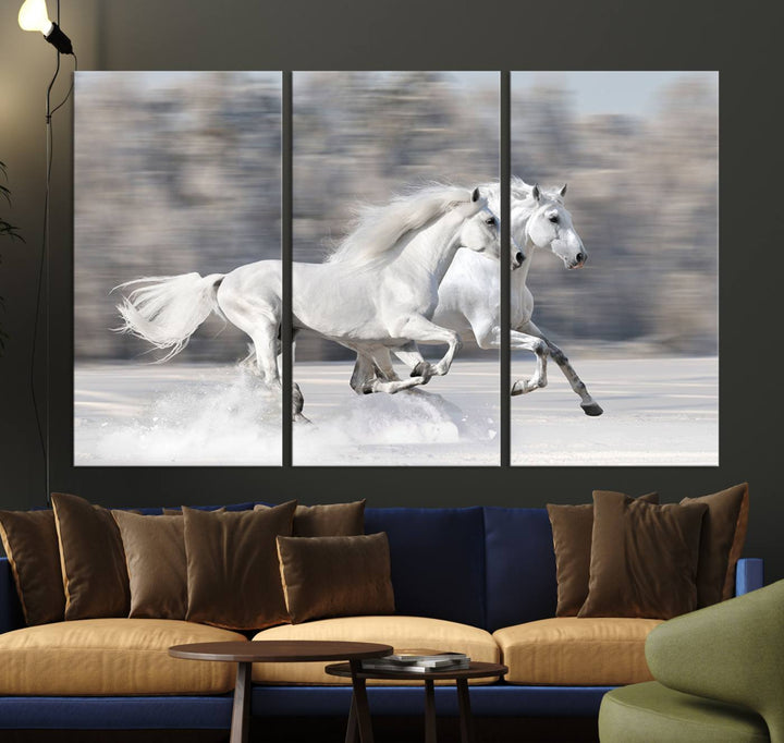 Museum-quality All The White Horses canvas print of two white horses in snow, ready to hang.