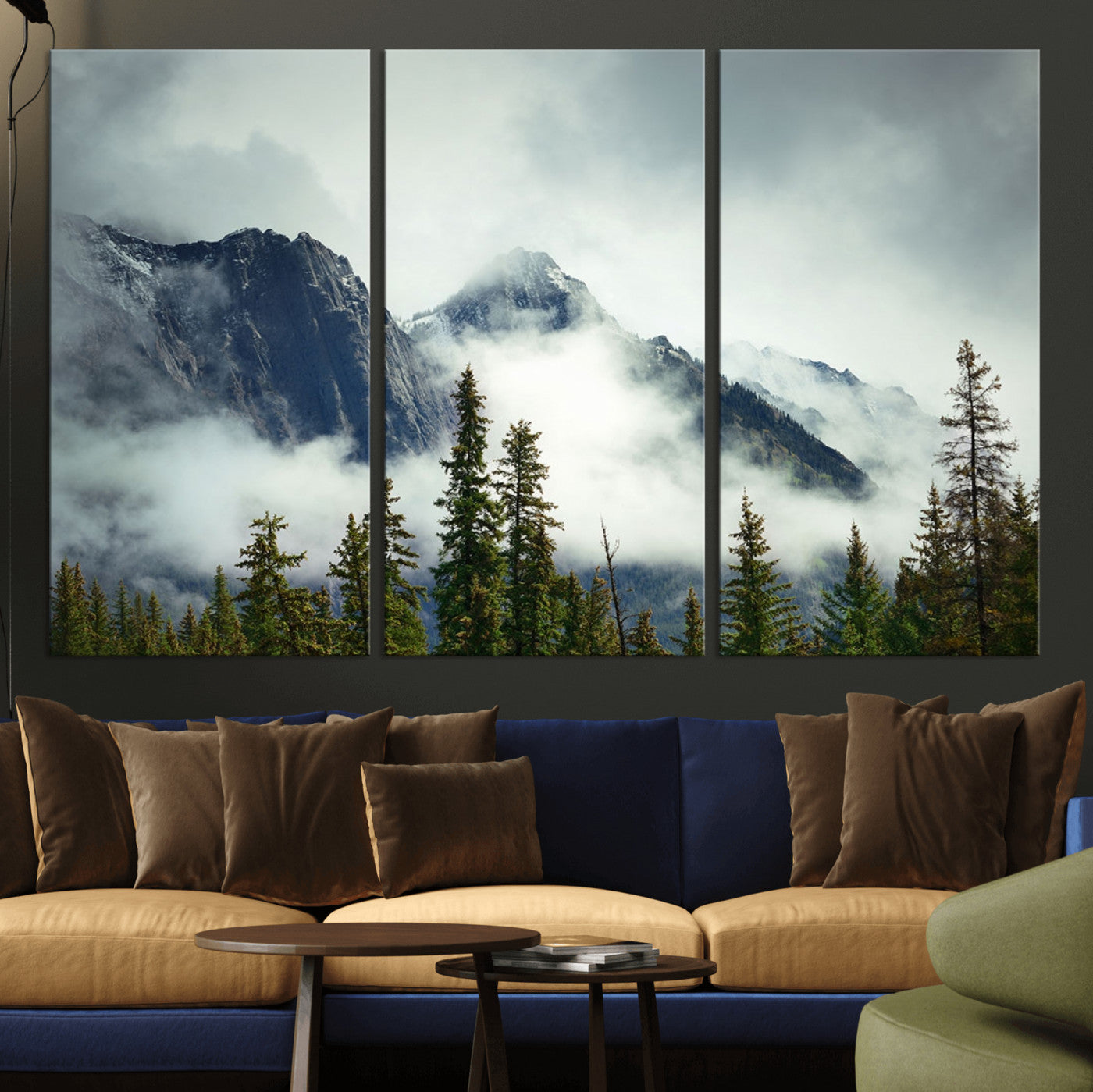 MGV-CV-48X32-3P - Mountain Mist Canvas Wall Art | 3-Panel Foggy Forest and Mountain Landscape | Large Giclee Print for Living Room, Office, or Cabin, Farmhouse Decor
