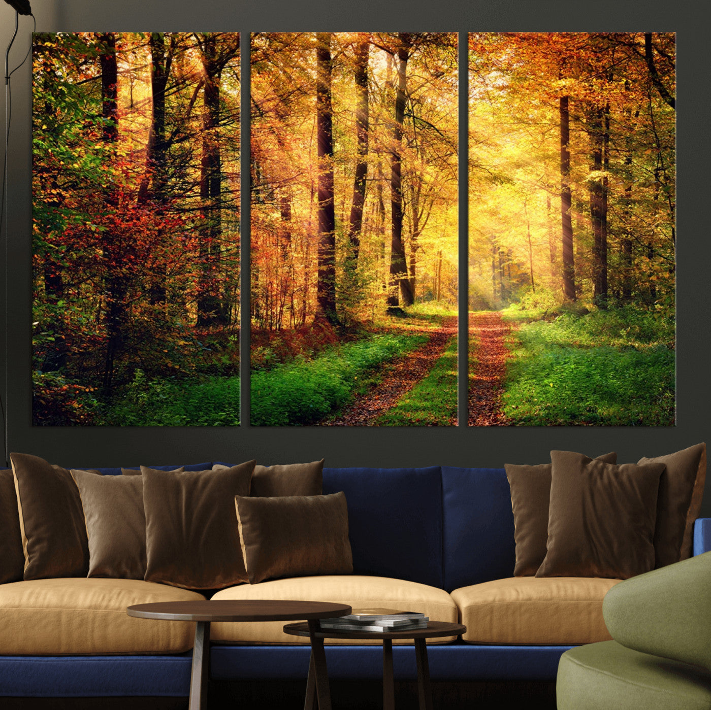 MGV-CV-48X32-3P - Sunlight Through Trees Wall Art Canvas Print - Autumn Forest Wall Art Canvas Print