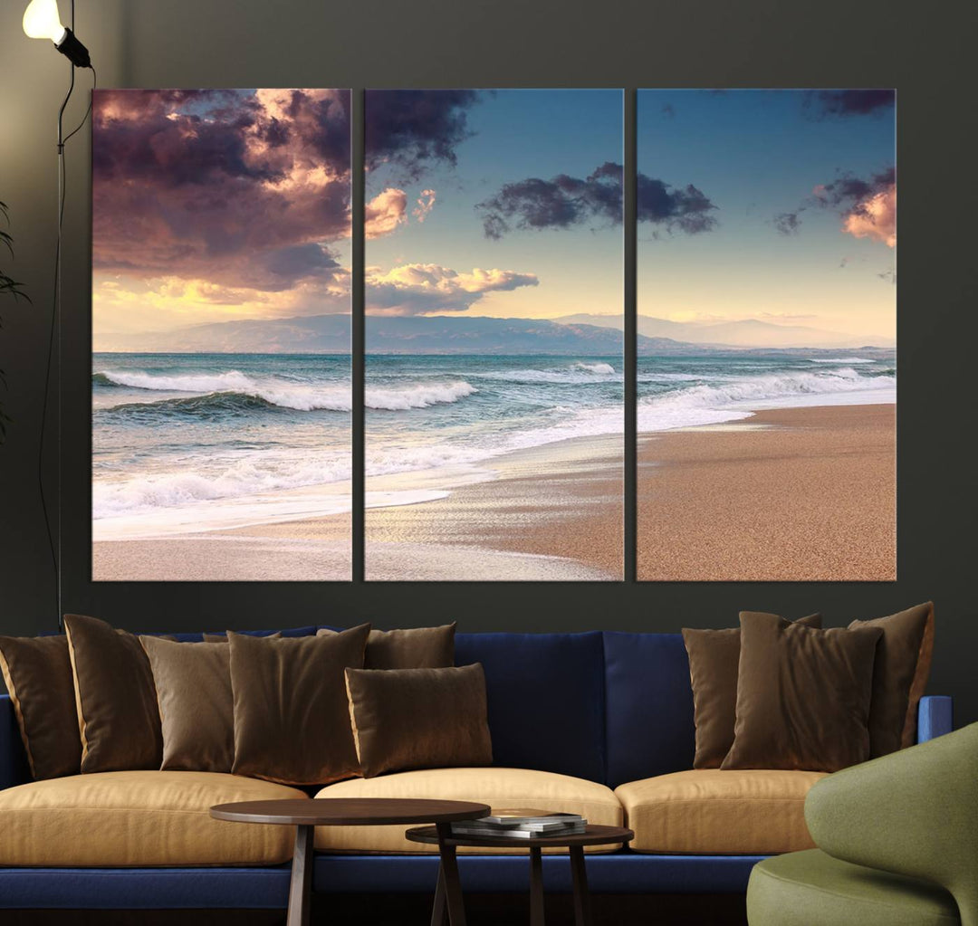 The dining area is enhanced with the Cloudy Weather Beach Sunset Canvas Print.