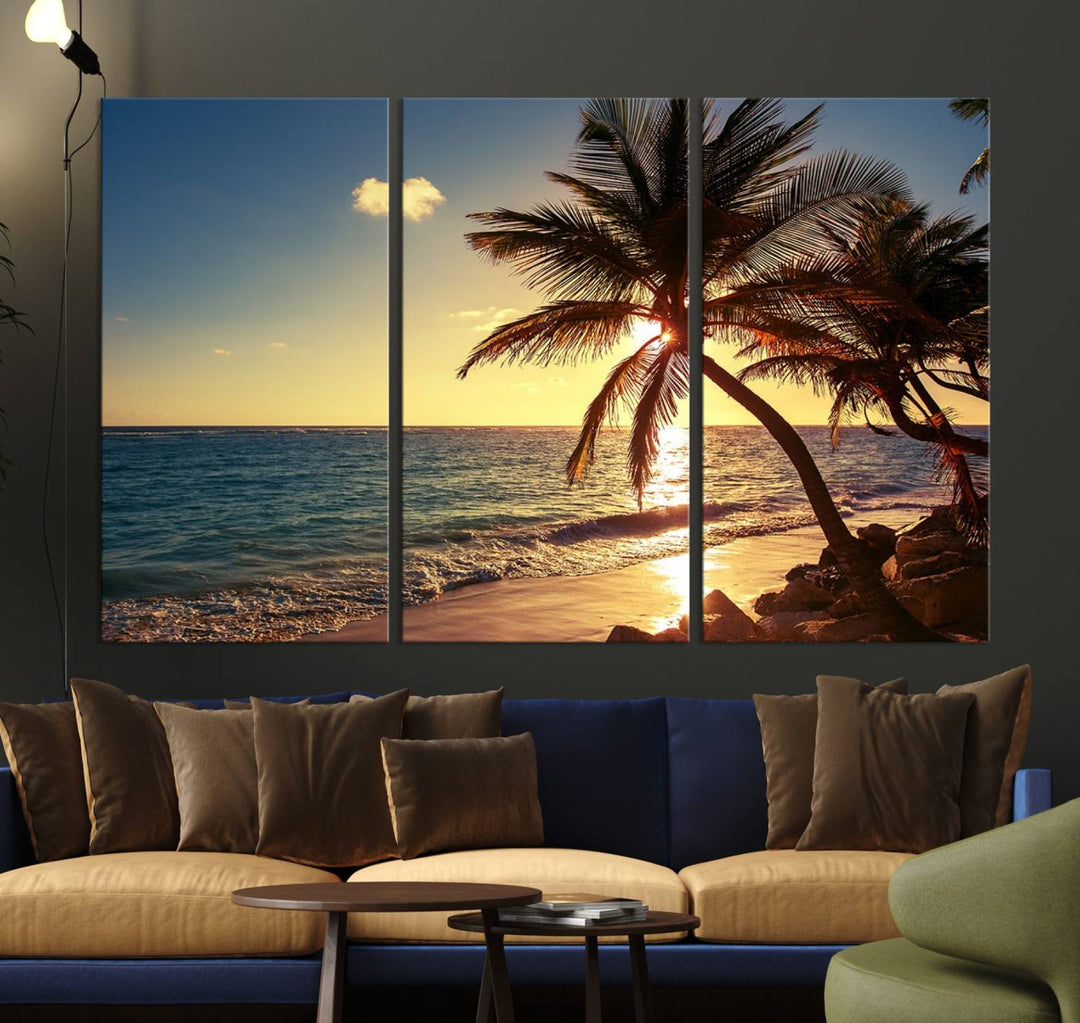 Sunset Palm Trees Wall Art Canvas Print: a serene beach scene on museum-quality canvas.