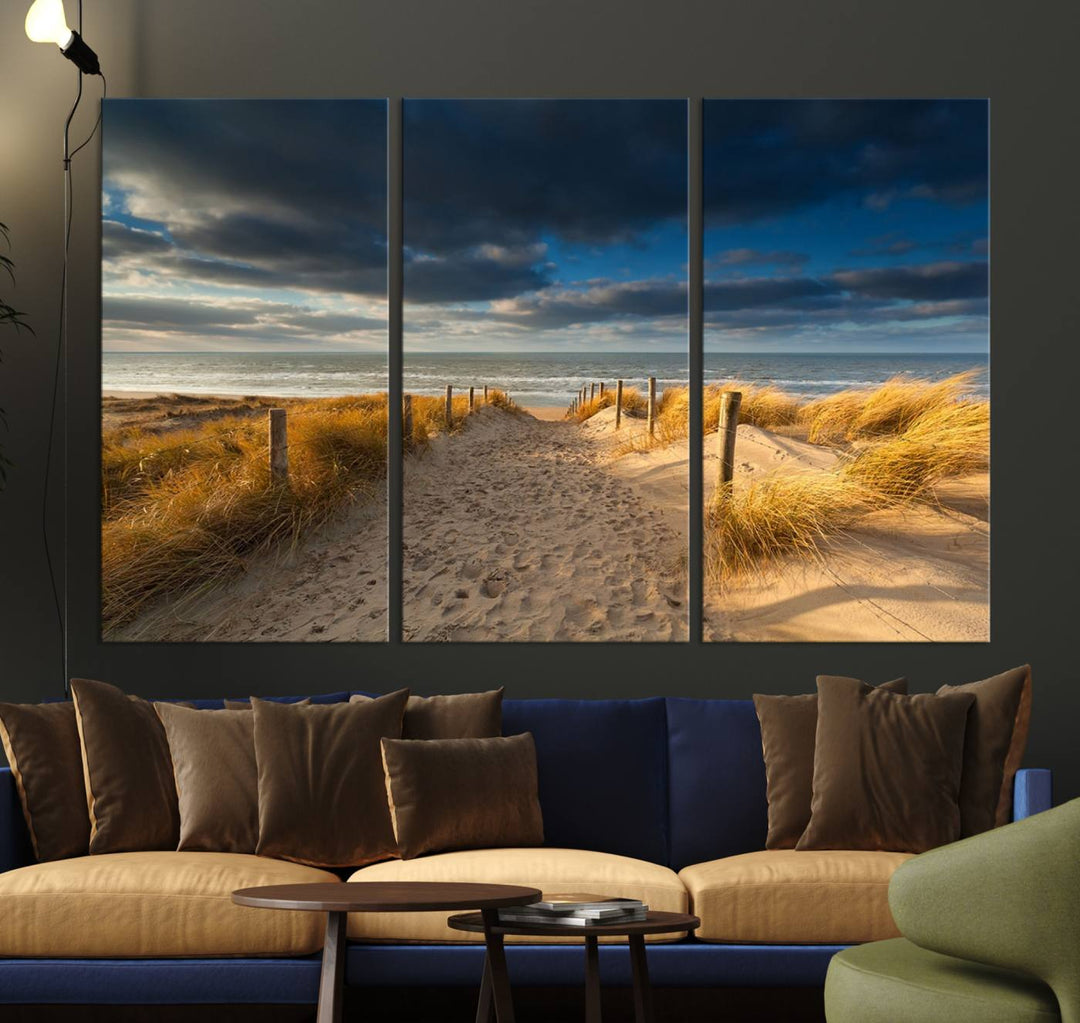 Museum-quality Ocean Beach Dark Clouds canvas print.