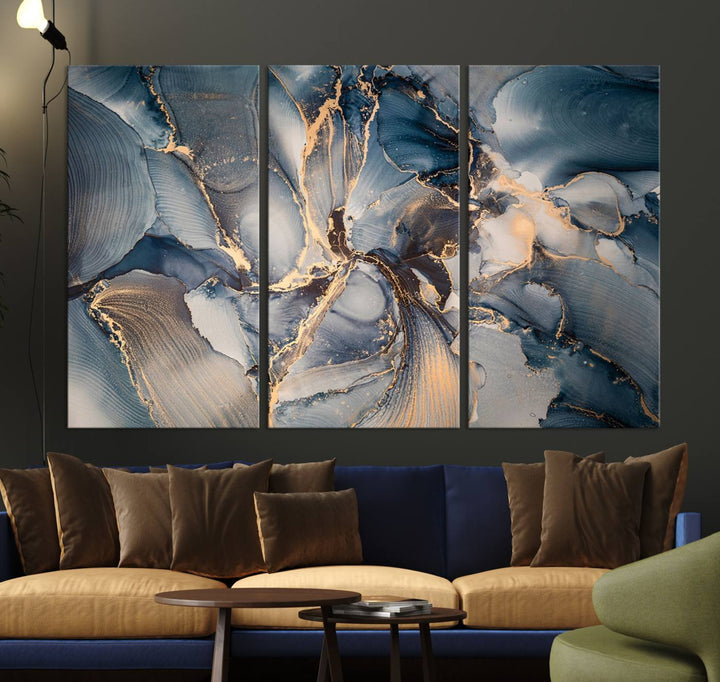 Abstract wall art canvas print is displayed prominently, adding a modern touch to the decor.