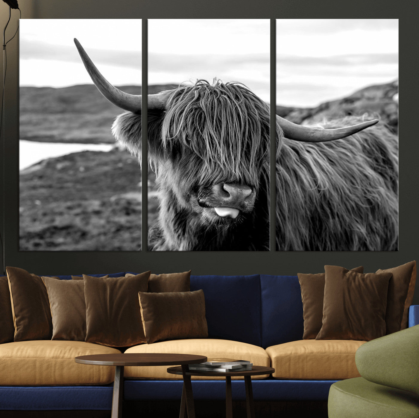 MGV-CV-48X32-3P - Longhorn Steer Canvas Print Wall Art, Highland Cow Canvas Wall Art – Black and White Animal Portrait