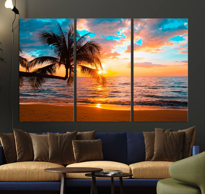 The Palm Tree Sunset On The Beach ready-to-hang canvas wall art—museum quality—brings a serene atmosphere to the room.