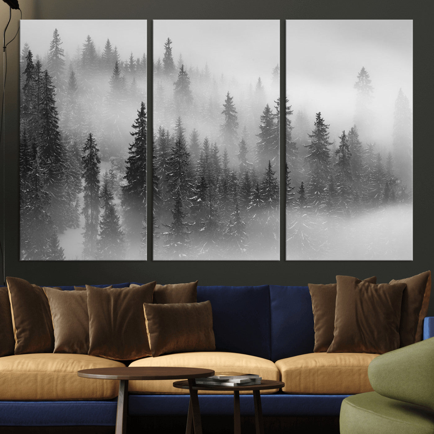 MGV-CV-48X32-3P - Foggy Misty Forest Canvas Wall Art – Black and White Landscape – Framed and Ready to Hang Modern