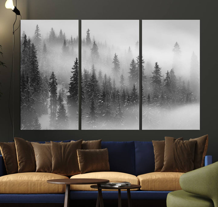 A stunning Foggy Misty Forest Canvas Wall Art adorns the kitchen wall.