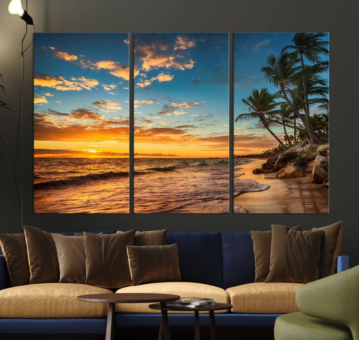 A stunning beach sunset on a museum-quality Sunset Wall Art Canvas Print adorns the kitchen wall.